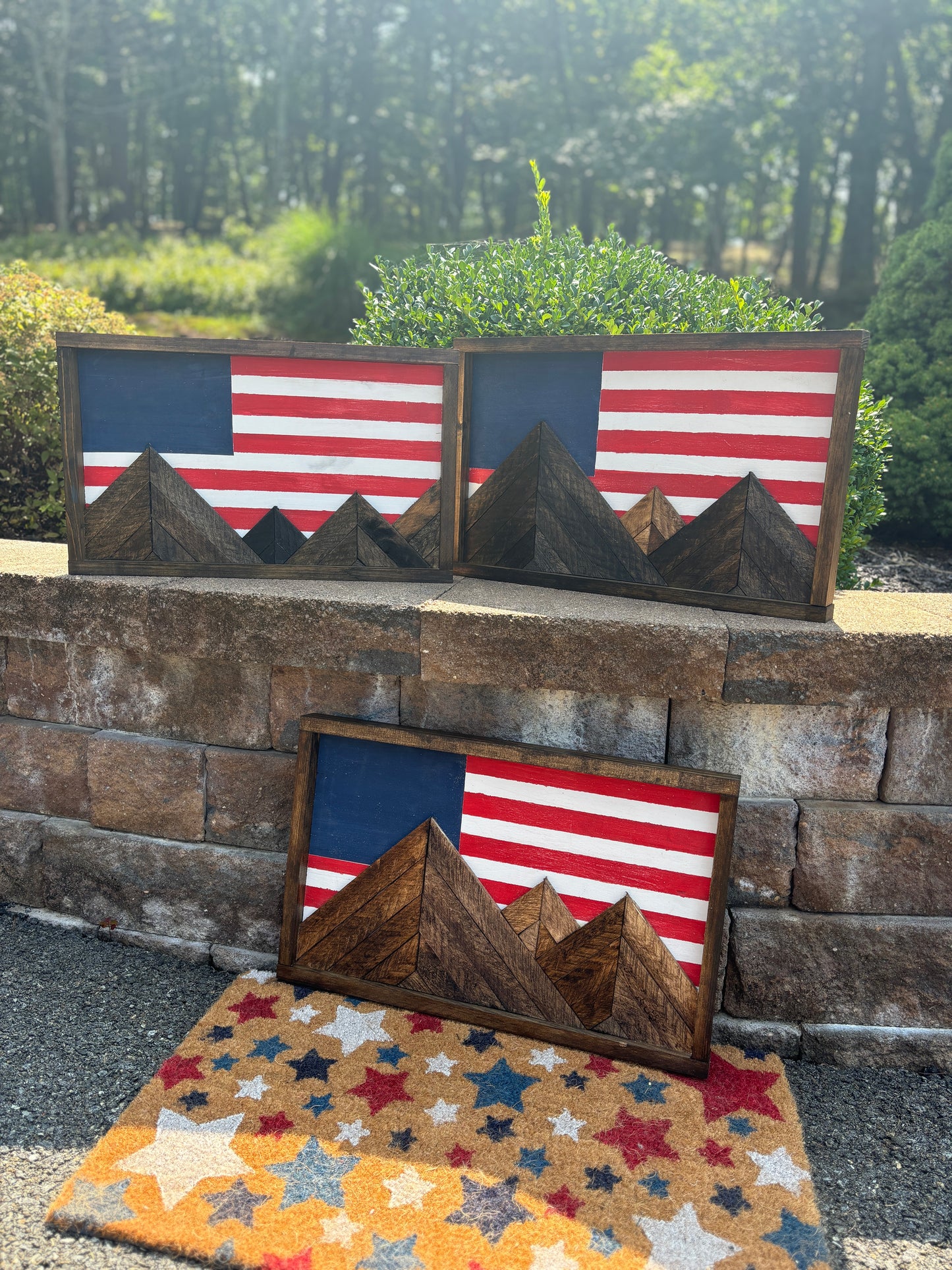 American Flag Mountain Wood Sign