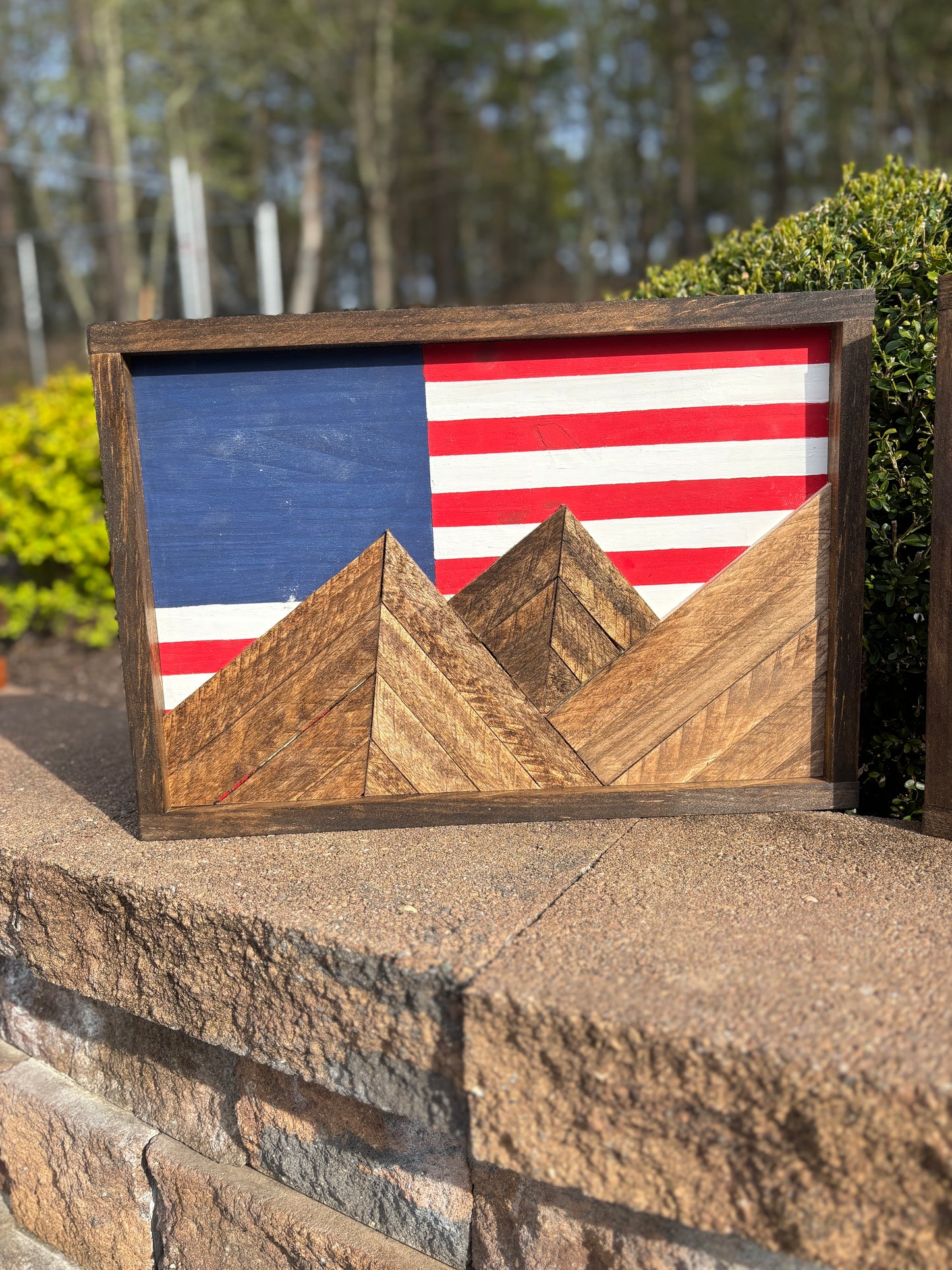American Flag Mountain Wood Sign